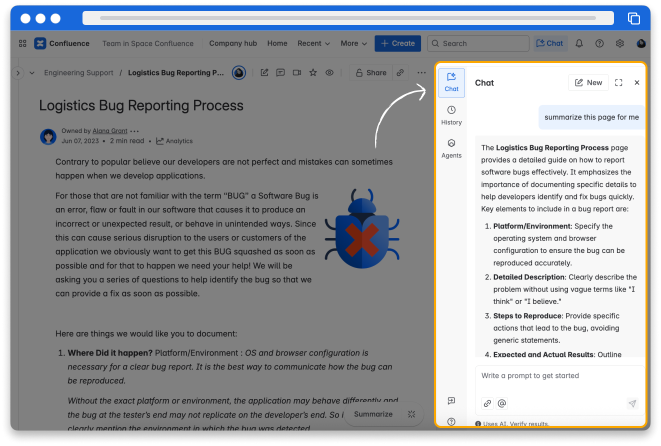 A screenshot shows Rovo chat providing a summary of a Confluence document.
