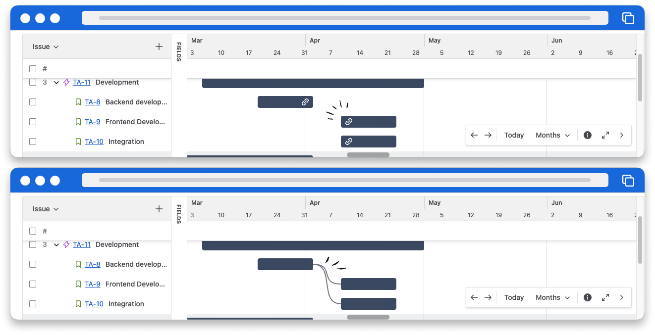 Jira plan screens showing lines and badges that indicate dependencies between work items.
