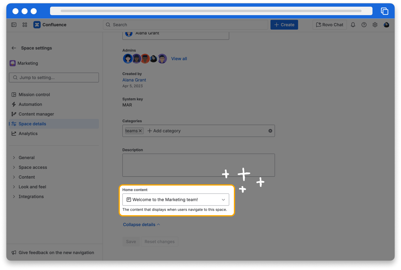 The space details screen of Space settings in Confluence. More details has been expanded and the Home content field is highlighted. 