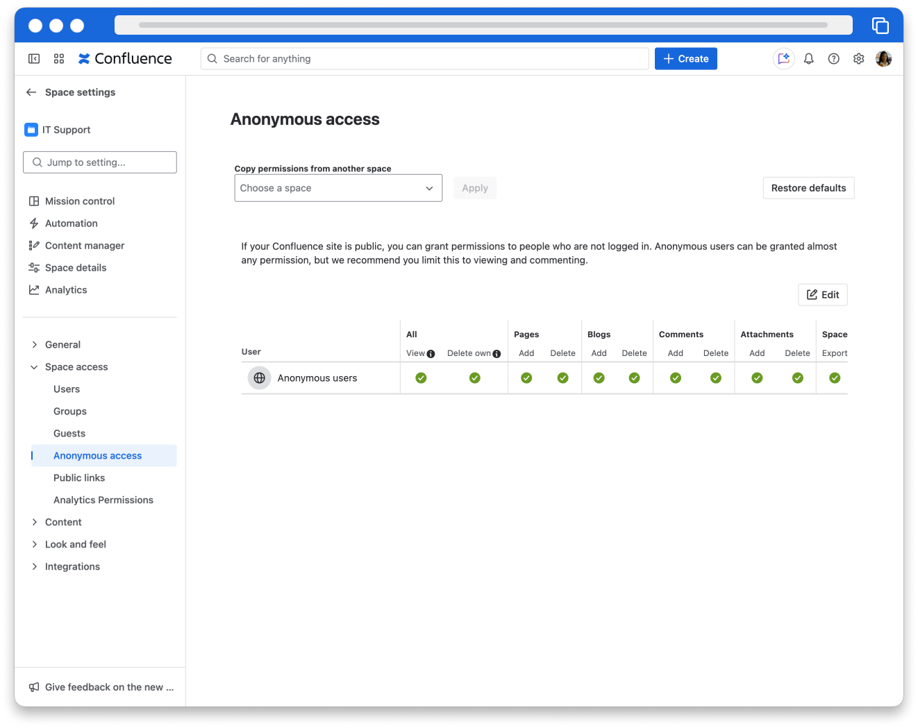 a screenshot of the anonymous access page under the space access settings