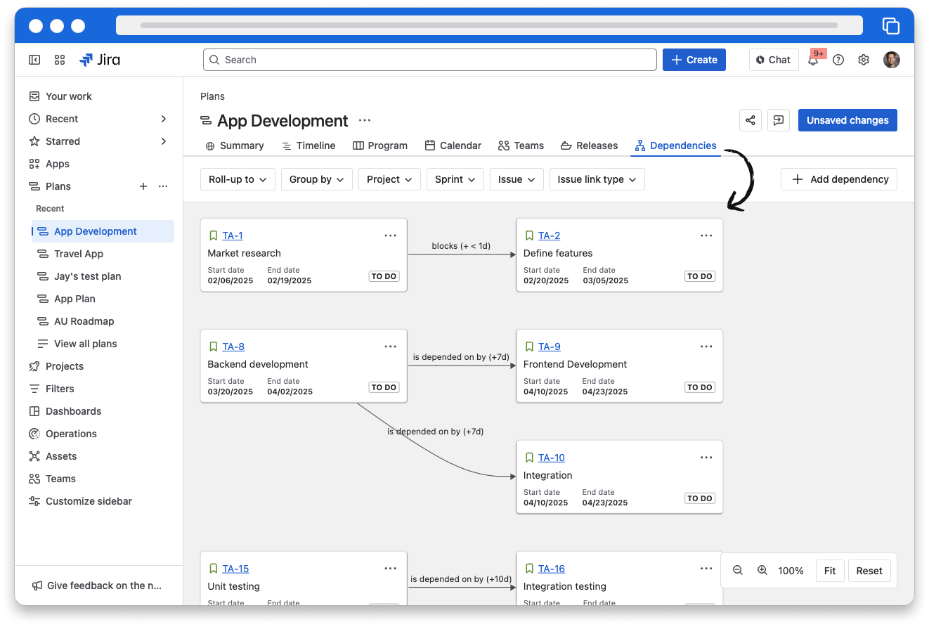 A Jira plan screen showing a visual representation of work items with lines indicating dependencies on other work items.