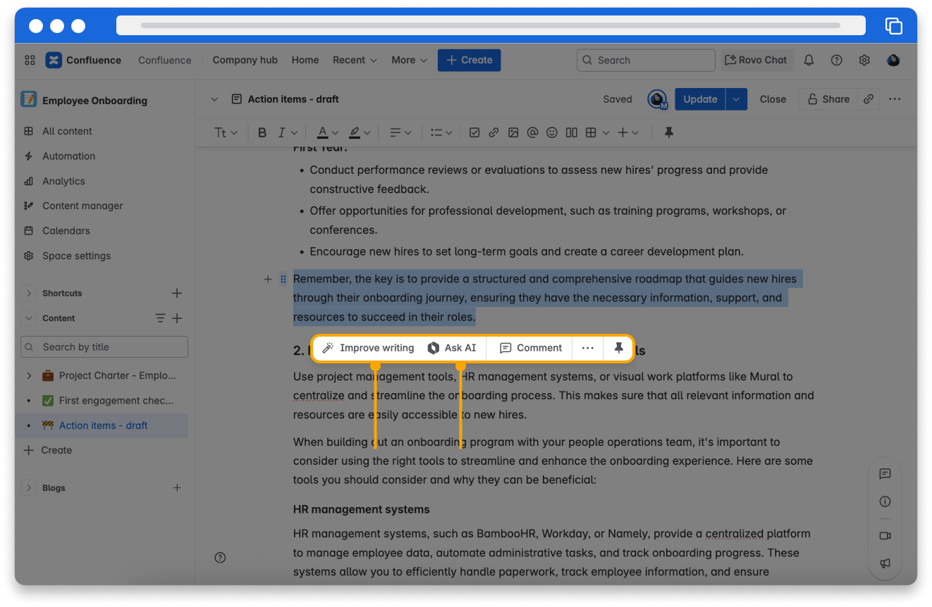 A Confluence page. Some text has been highlighted, and a menu appears above with Improve writing, Ask AI and the Comment option.