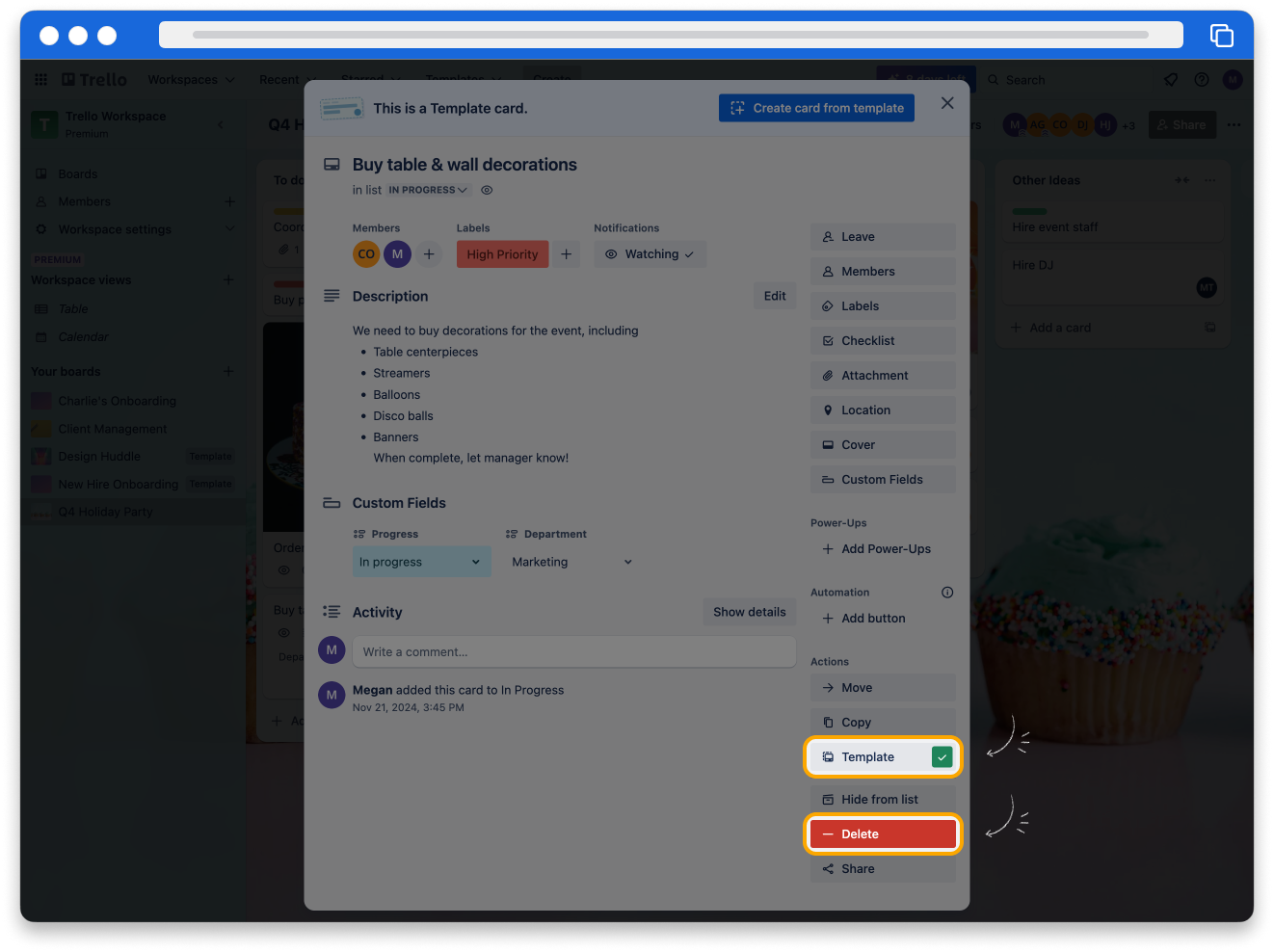 A screenshot showing the Template and Delete options highlighted in the Actions section on the template card back