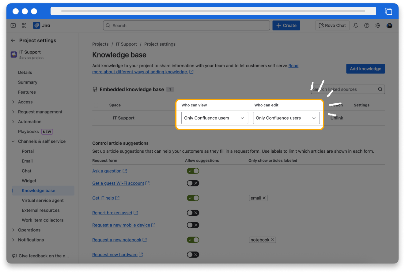  A screenshot of Confluence Knowledge base page. The "who can view" and "who can edit" under Space has been highlighted.