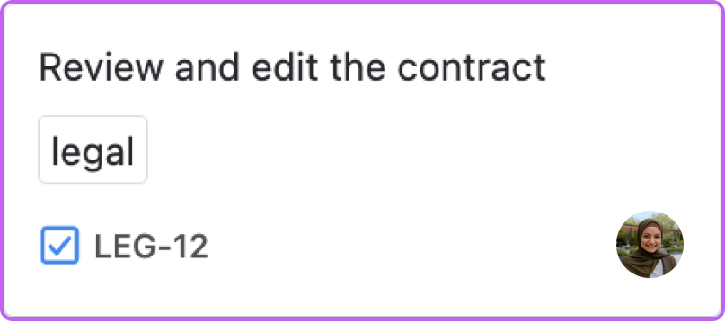A Jira issue card says Review and edit the contract. The card also has information about the assignee, priority, labels, and a unique id number. 
