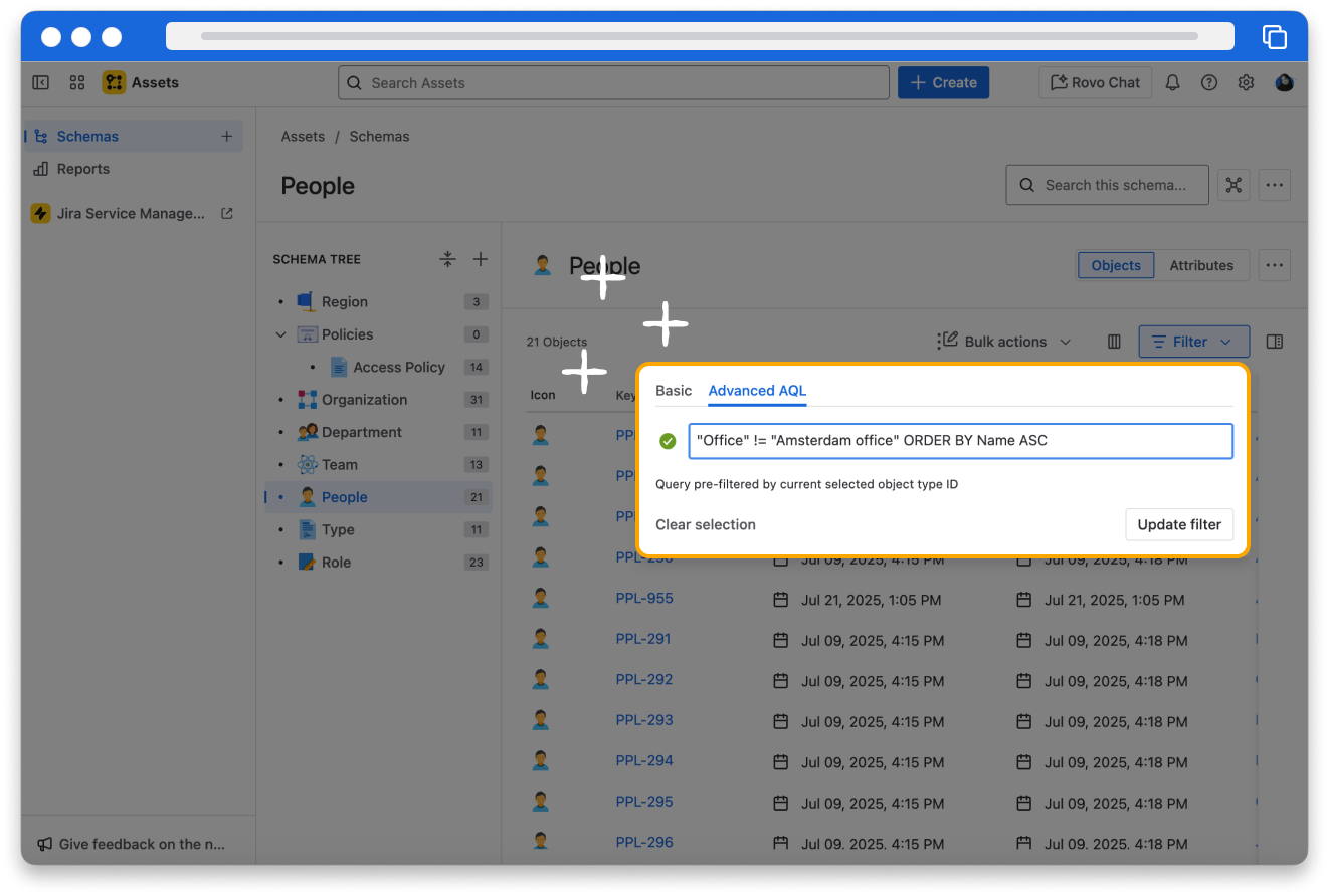 A screenshot of a basic aql function that returns People objects that do not belong to the Amsterdam office and order the result by Name in ascending order.