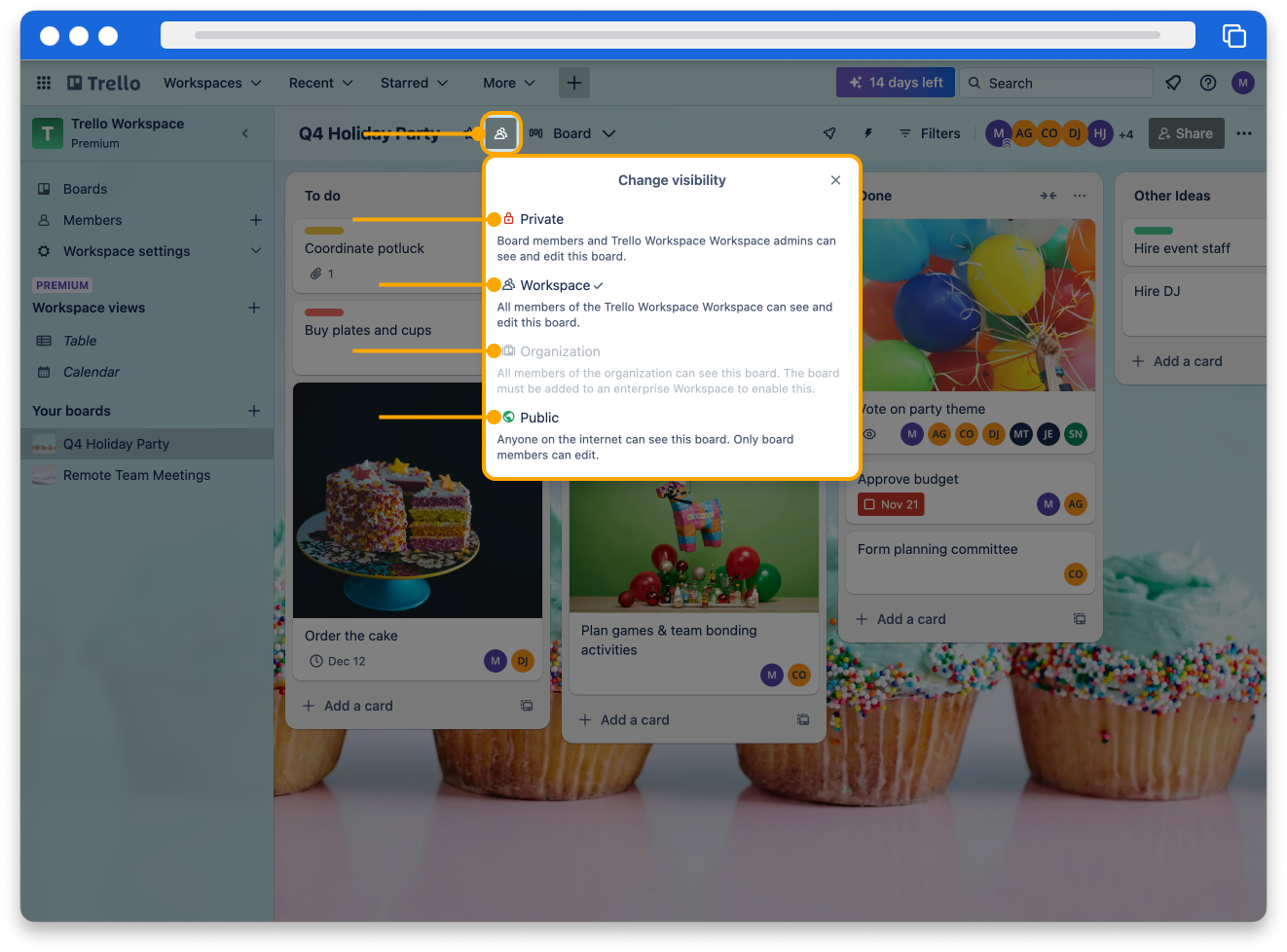 The visibility settings in Trello. From the board view, the visibility button is highlighted in the top navigation bar. A dropdown menu appears below that says, “Change visibility.” There are options for Private, Workspace, Organization, and Public.