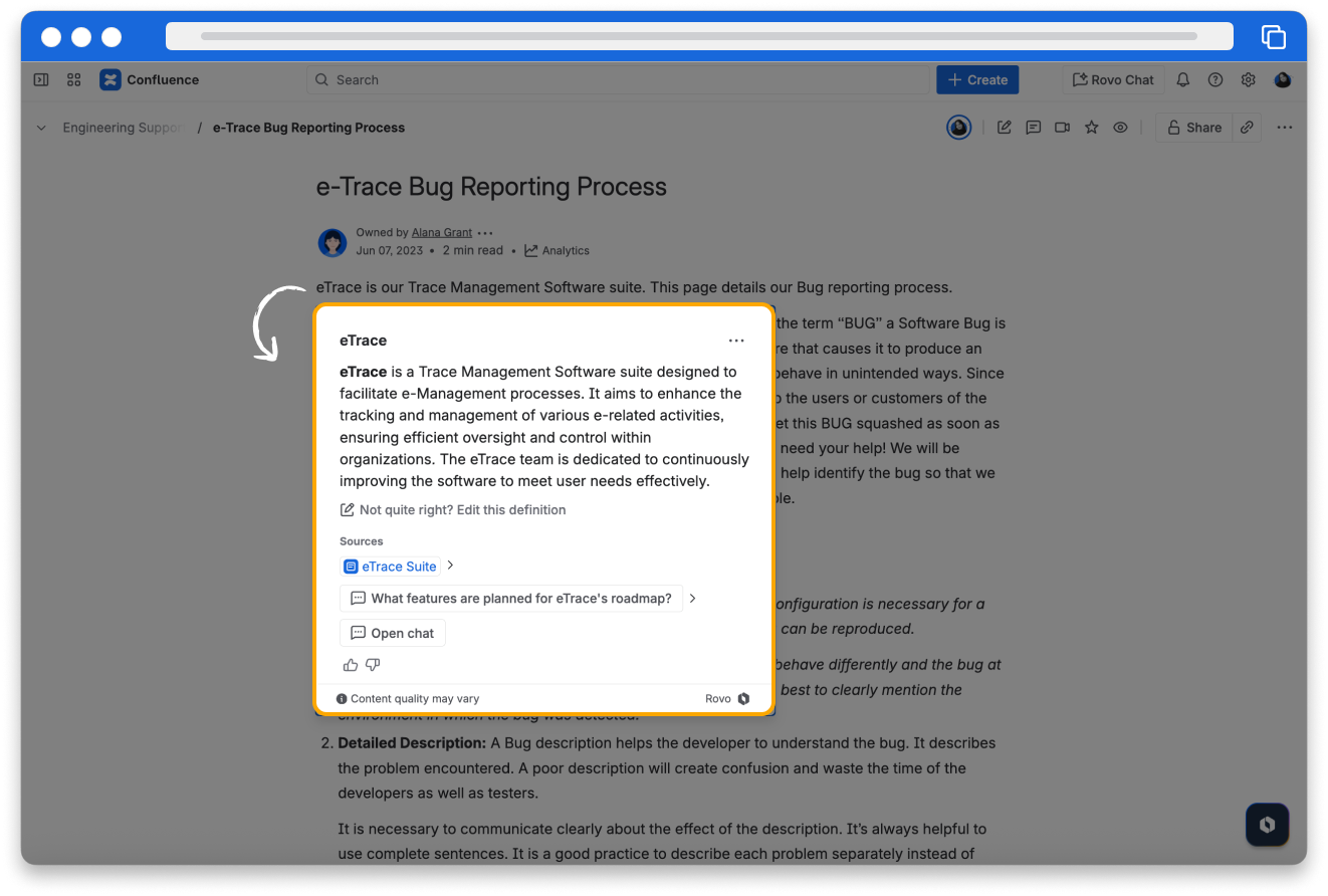 Screenshot of Rovo defining a project name and providing links to additional internal documents