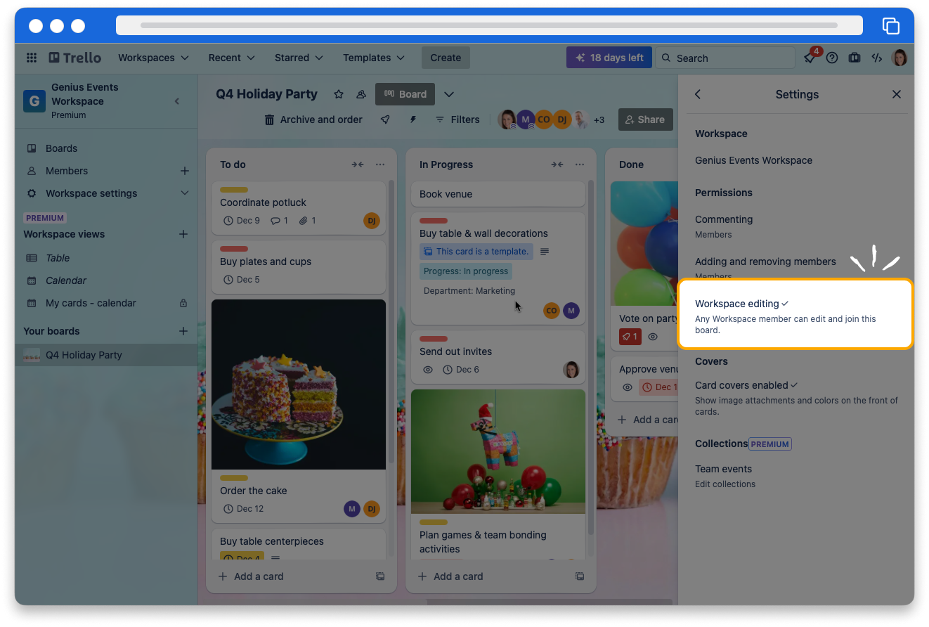 The board view in Trello. The settings page of the board menu is visible. Under Permissions, Workspace editing has a checkmark next to it.