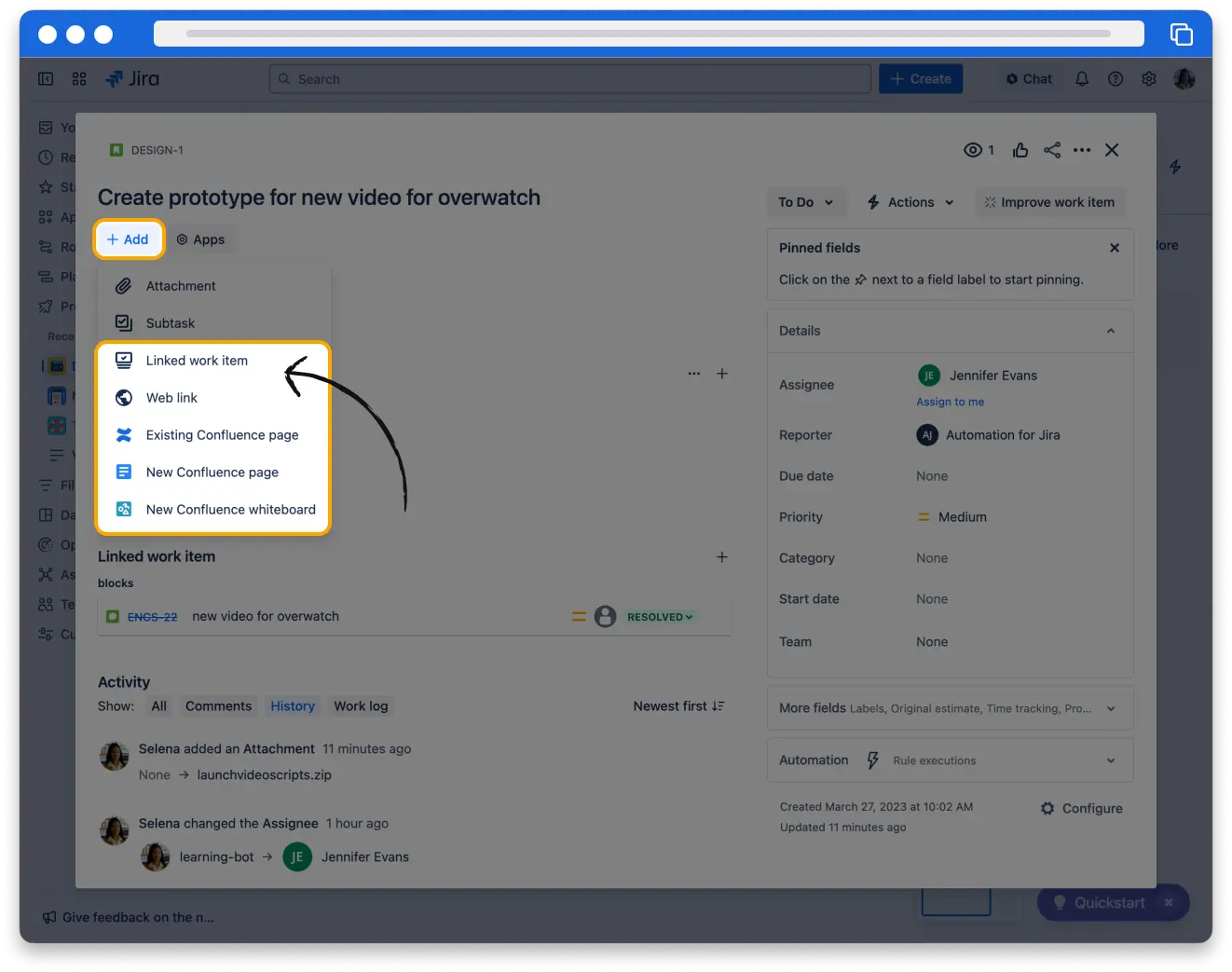 The work item detail view in Jira. The Link Issue button is highlighted and a dropdown menu appears below. The dropdown menu options are Link Confluence page and Add web link.