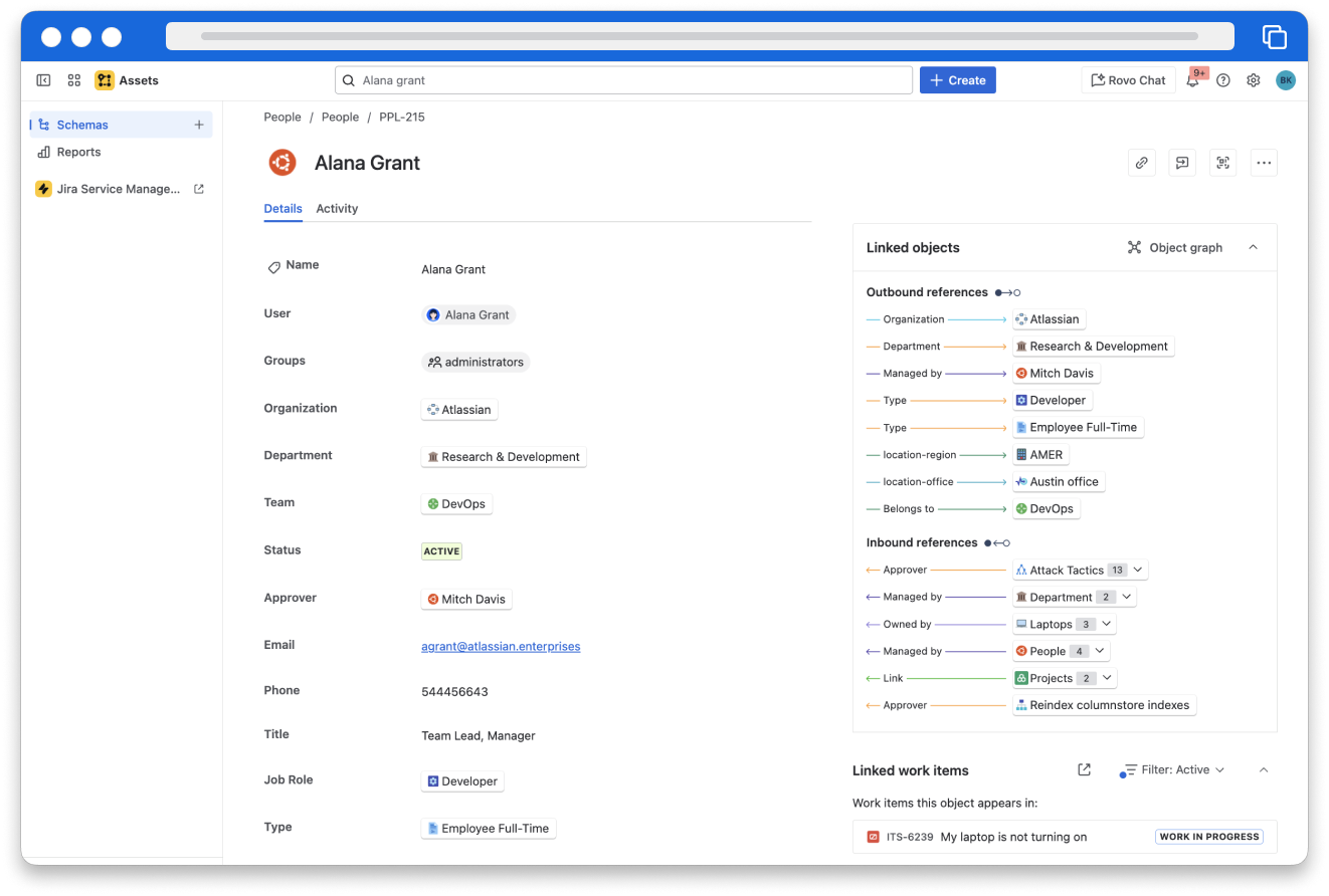 A screenshot of global search results displaying Alana Grant's details.
