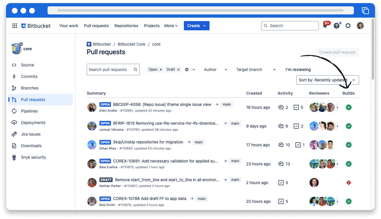 A screenshot of the Bitbucket application showing the build status for multiple pull requests.