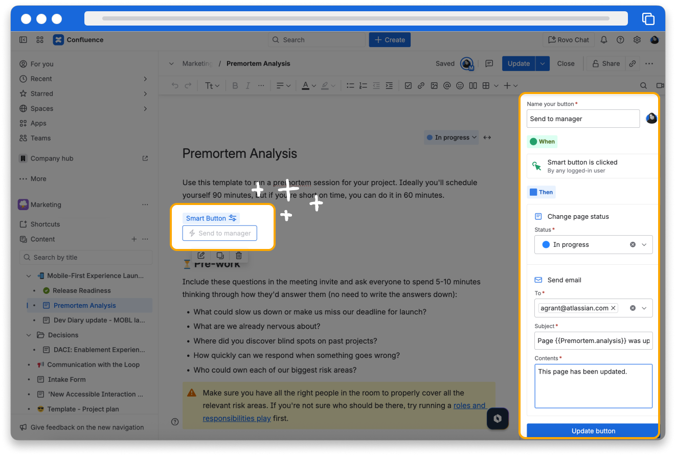 Screenshot of a page in Confluence with the smart button configuration panel open.