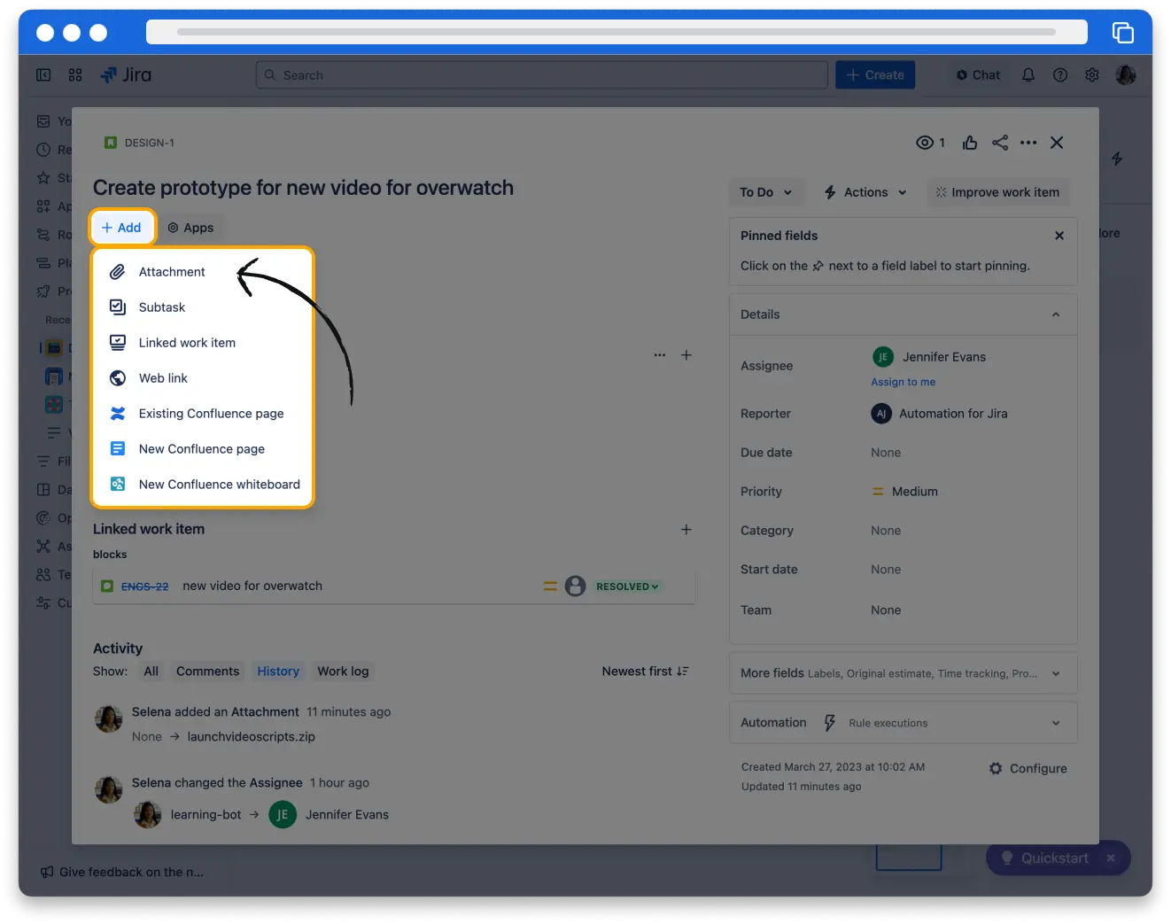 The work item detail view in Jira. The attach button is highlighted.