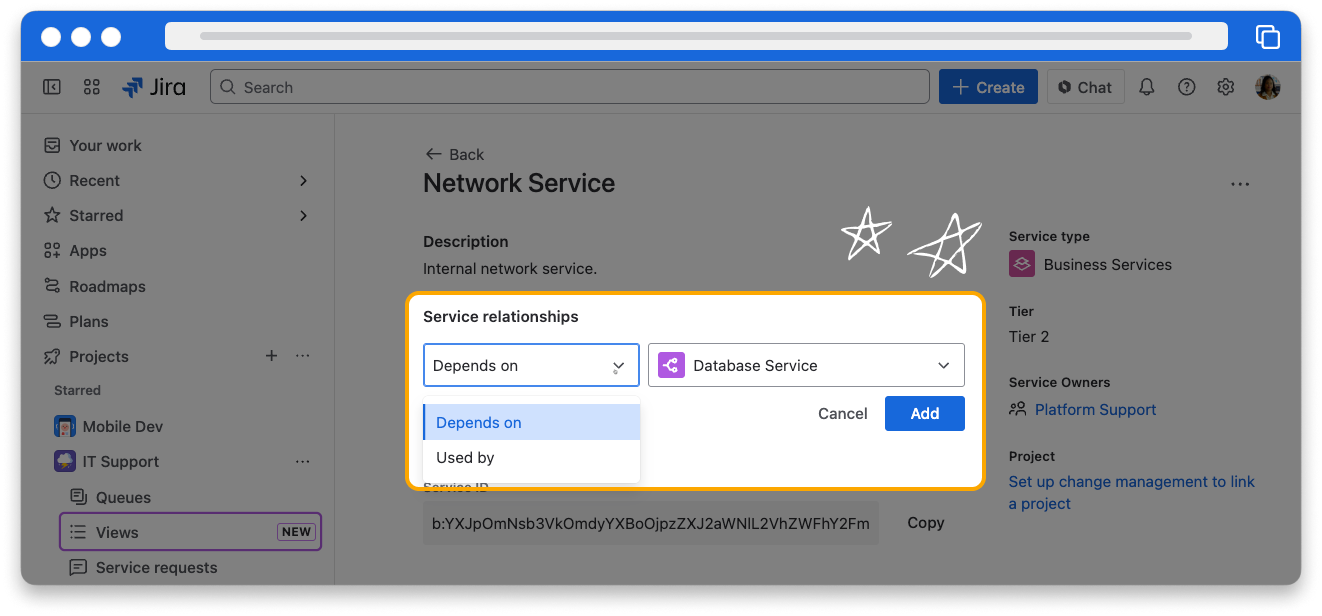 The details of a service called Network Service. The Service relationships section has been highlighted. Under Service relationships is a dropdown menu. ‘Depends on’ has been selected. Next to ‘Depends on’ is another dropdown menu where you can select the