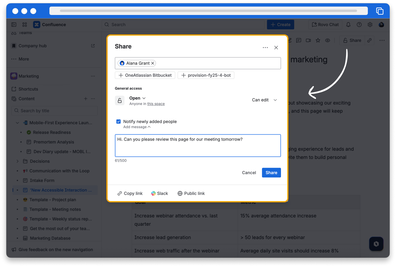 A screenshot of a Confluence page. The Share pop up is highlighted on the screen.