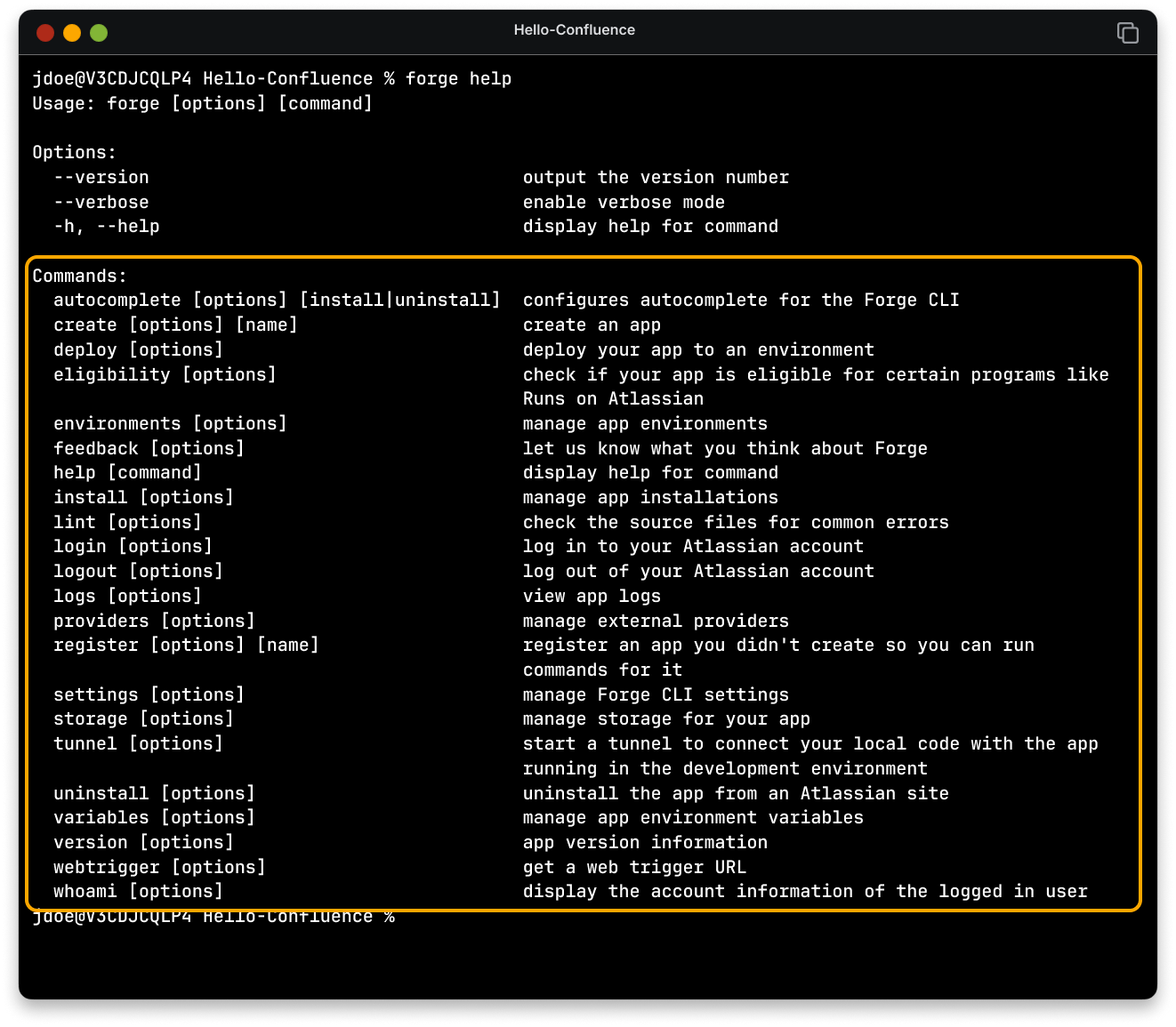 Screenshot of the Forge CLI command list