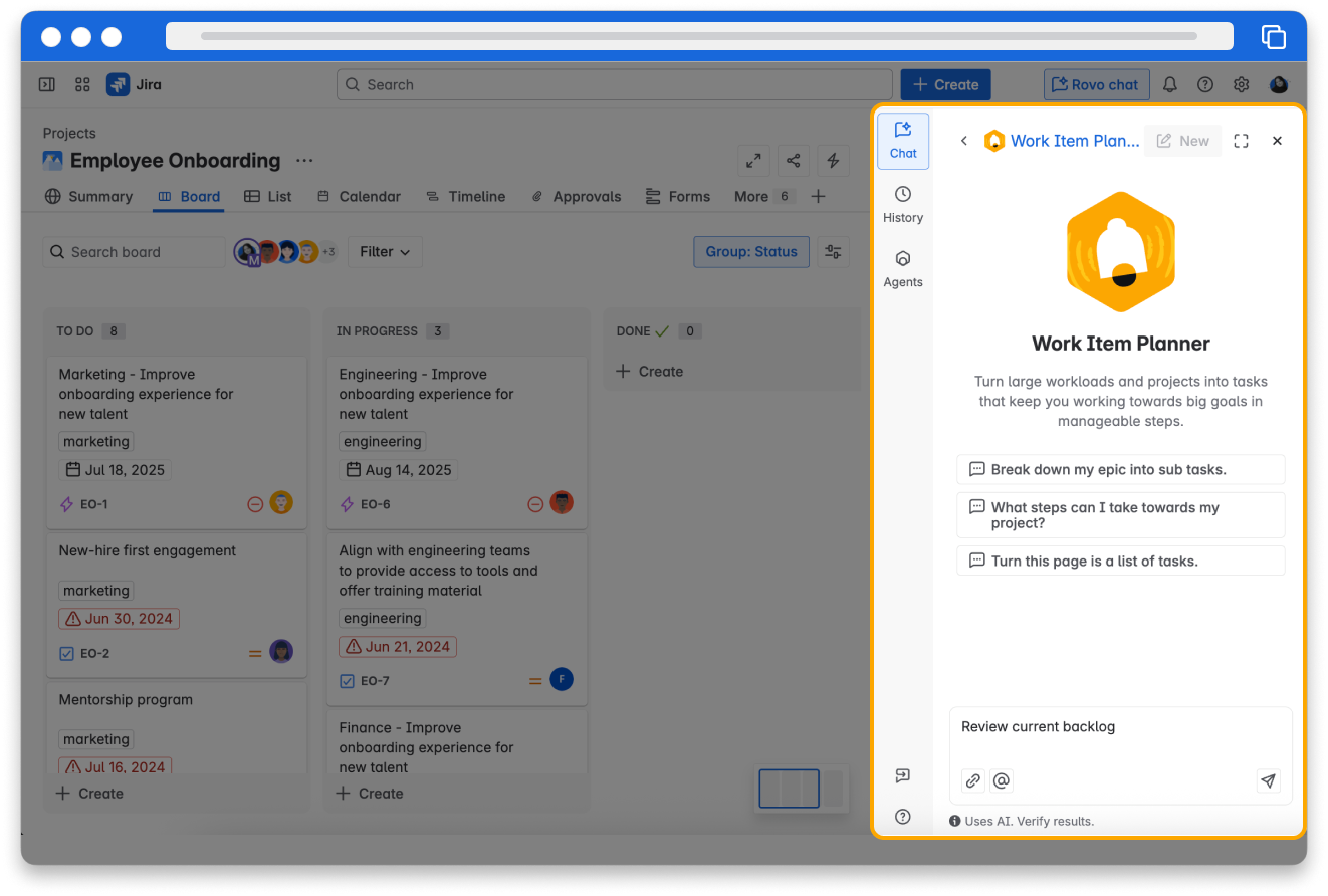 Screenshot of Rovo Chat showing a new conversation with the Jira Release Notes agent