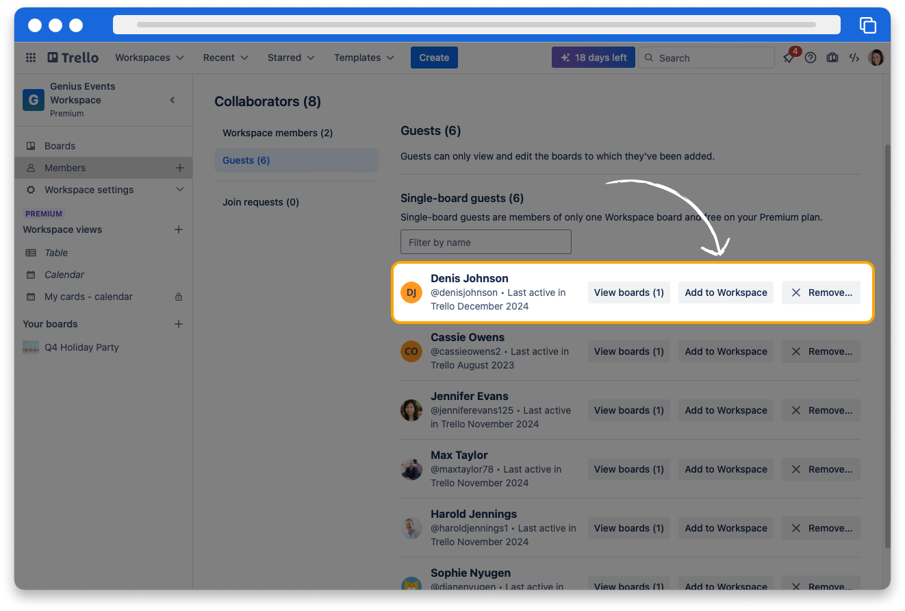 The Members page in Trello. The guests tab has been selected. One user is highlighted, and there is an arrow pointing to the Add to Workspace button next to their name.