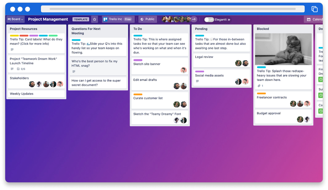 The Trello board interface, showing a board created and titled "Project Management". The columns of cards include "Project resources", "Questions for next meeting", "Pending" and "Blocked" 