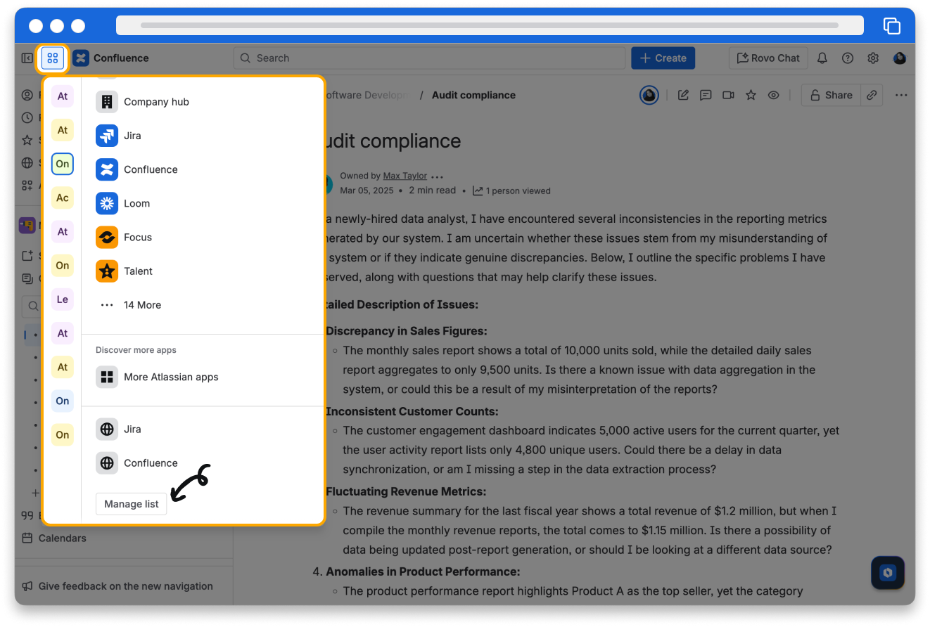 The application navigator button and menu in Confluence. An arrow is pointing to the Manage list button at the bottom of the menu.