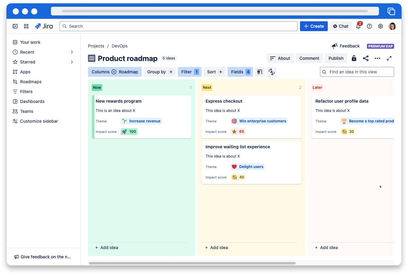 Jira Product Discovery screenshot shows ideas for a product roadmap.