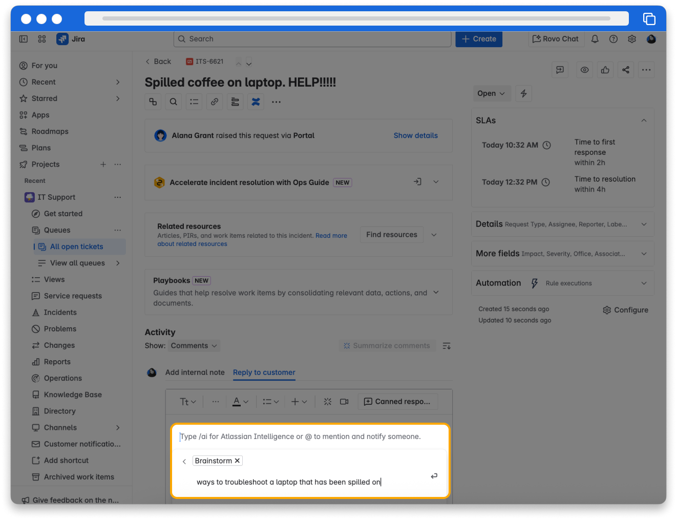A work item in Jira Service Management. Reply to customer is selected. Brainstorm is highlighted. The prompt says “Ways to troubleshoot a laptop that has been spilled on.”