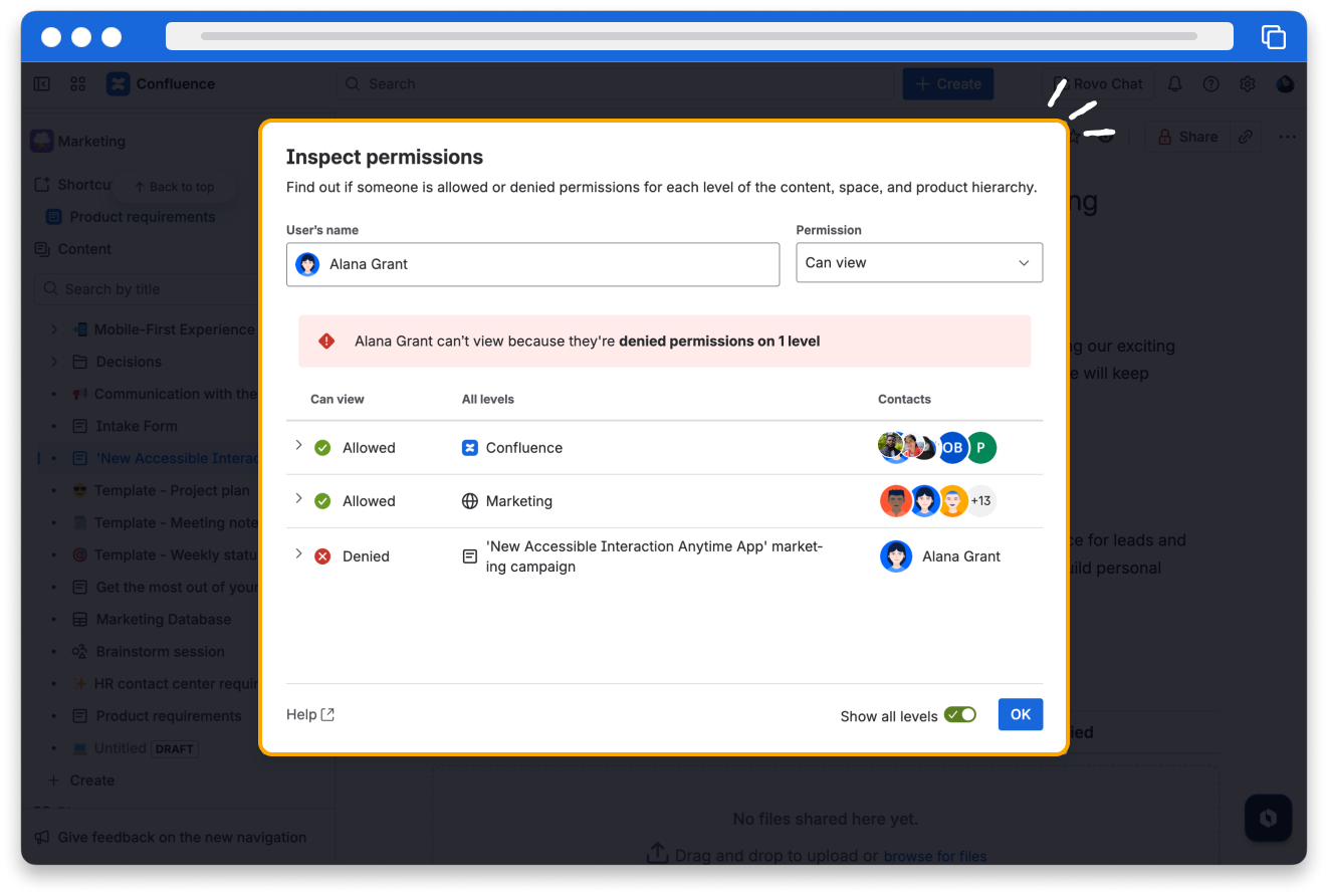 The inspect permissions page showing a user blocked from viewing the page
