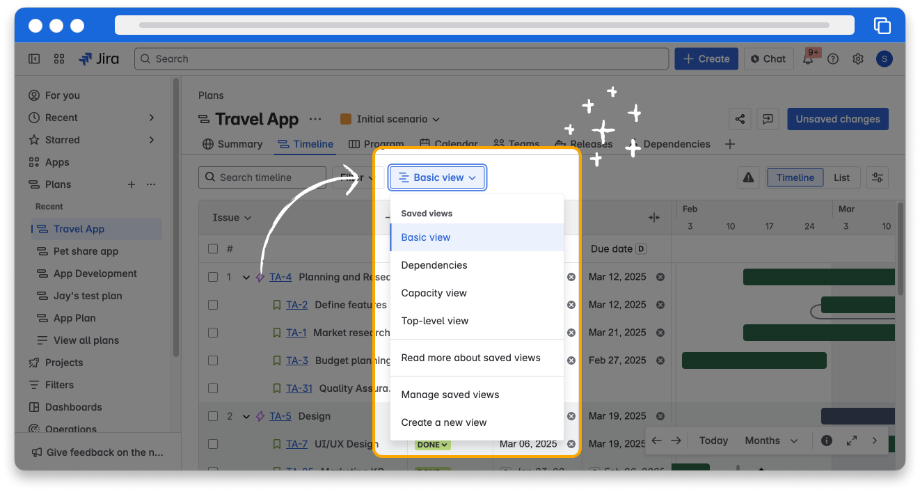 Screenshot of Jira showing the timeline view for a plan. Above the timeline, next to the Filters button, a dropdown menu is open showing different views for this plan as well as options to create a new view or manage saved views.