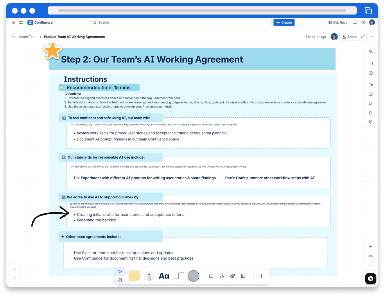A screenshot of the product team filling out the AI Working Agreement template in a Confluence whiteboard.