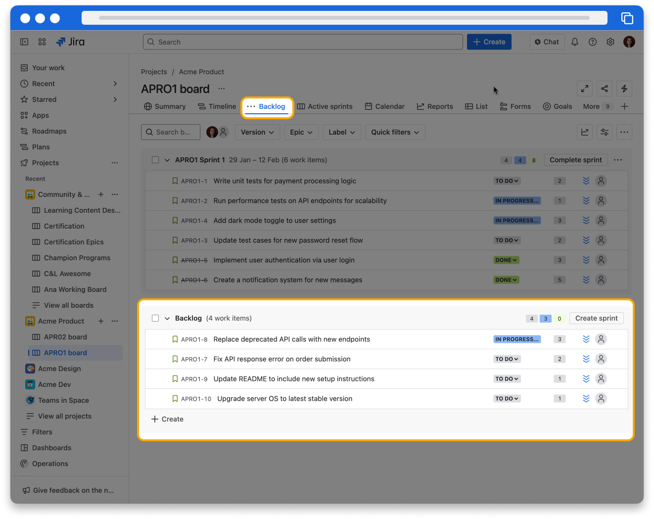 The Jira interface. The Backlog tab is highlighted to display the project's backlog page.