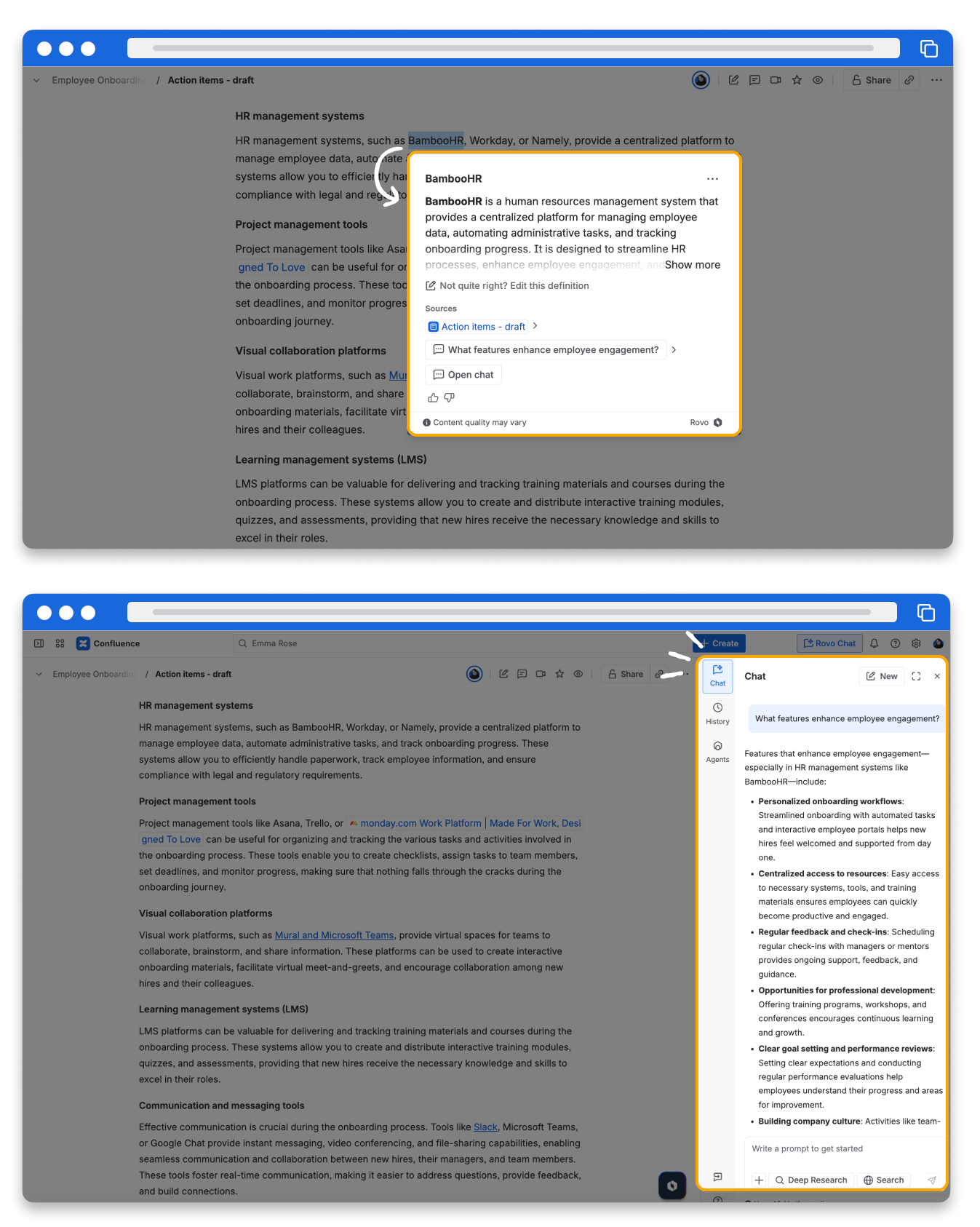 Screenshots of an unhighlighted term and a user discussing it with a Rovo Chat agent