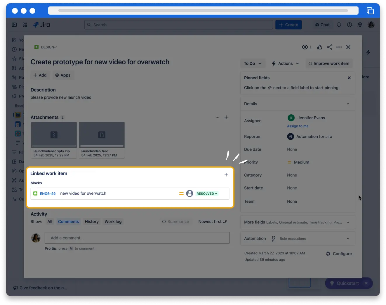 The work item detail view in Jira. The Linked work item area is highlighted. The linked work item blocks another issue.