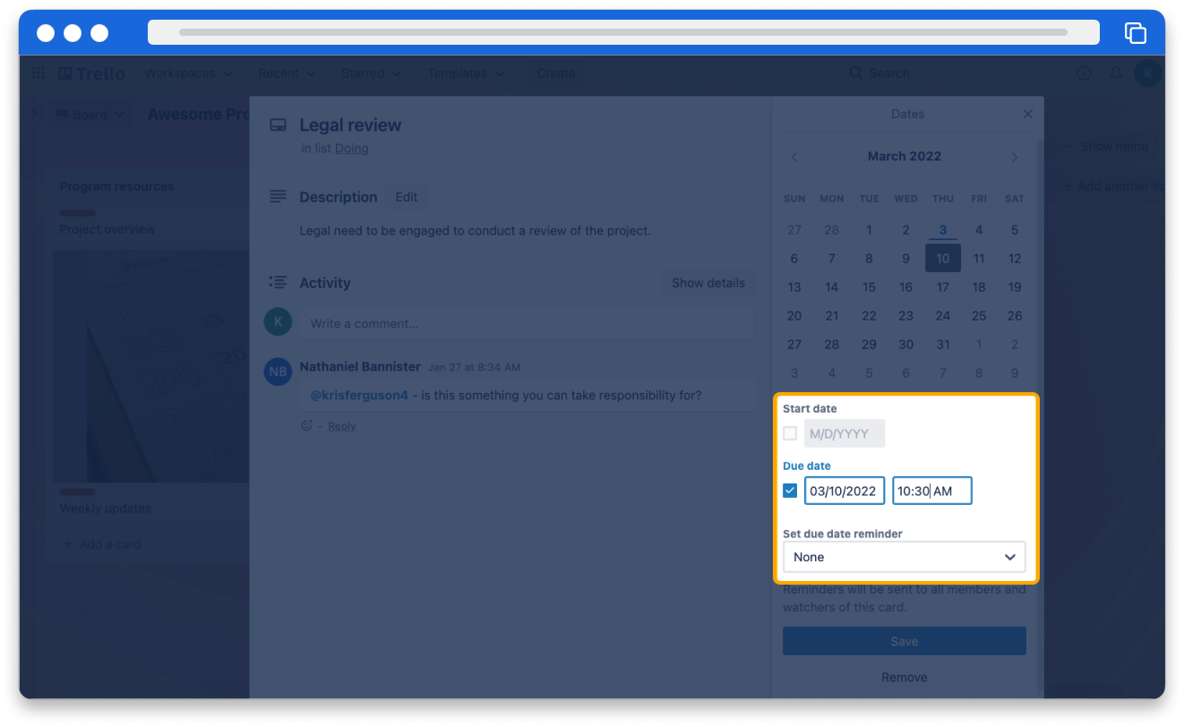 Screenshot of a Trello card back showing the Start date and Due date configuration area
