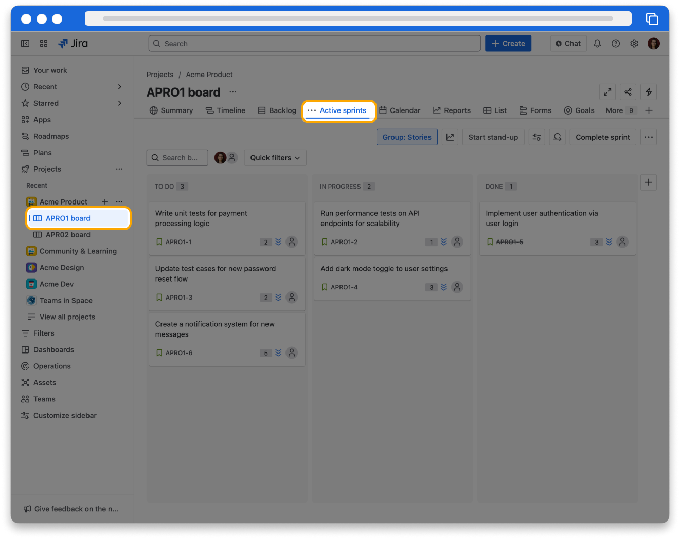 The Jira interface. The "Active Sprint" tab is highlighted in the screen.