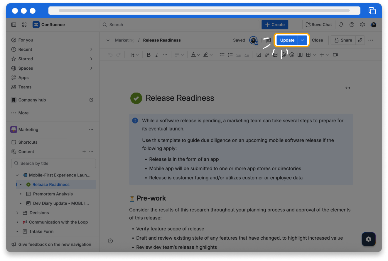 Screenshot of Confluence highlighting the Update button on a page in edit mode
