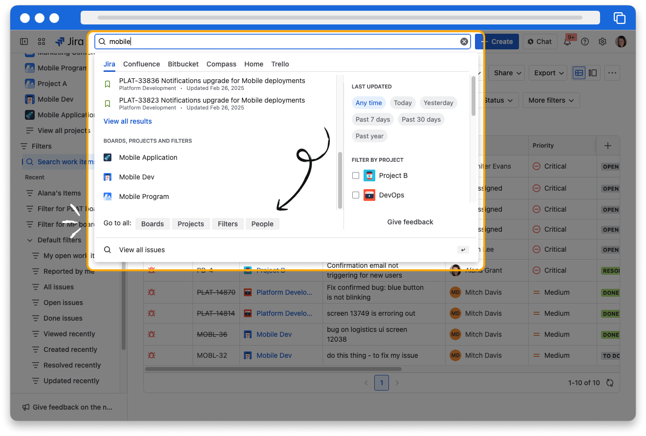 Screenshot of Jira showing the search bar with the search preview expanded. In the search preview, there is a section of at the bottom with buttons, labeled "Boards" and "Projects," that take you to search pages for projects and boards.