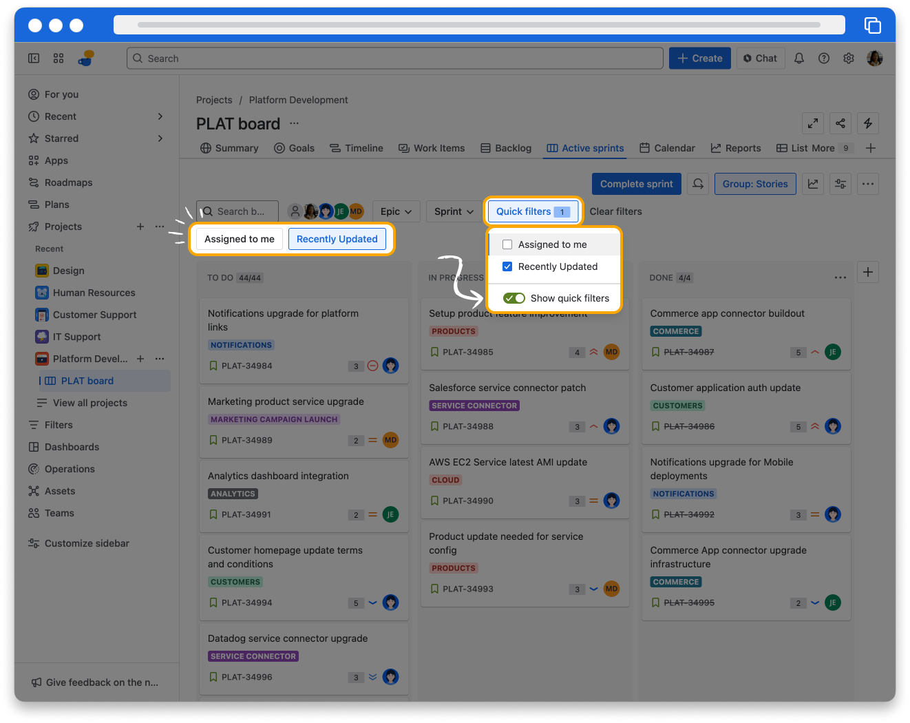 the quick filter function in a jira board, filtering for Recently Updated work items