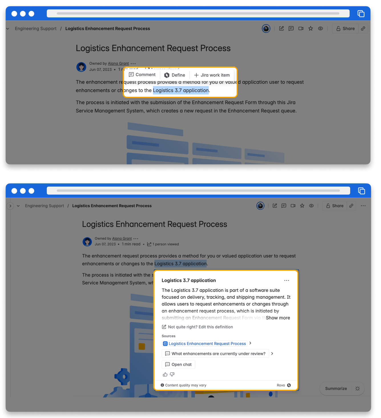 Screenshots of Rovo defining a word that didn't have a highlight with a definition card