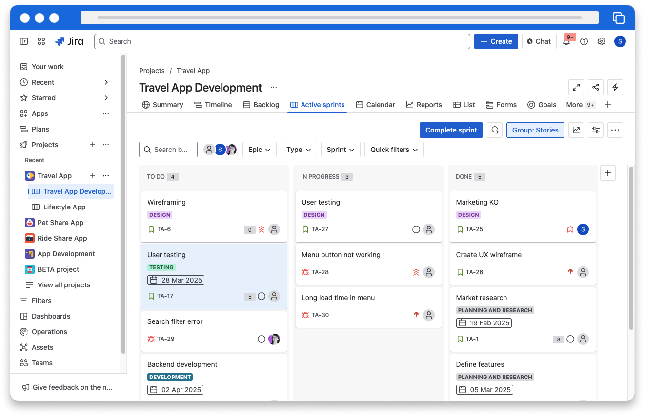 A Jira board shows a collection of tasks organized in three columns. The columns are labeled to do, in progress, and done.