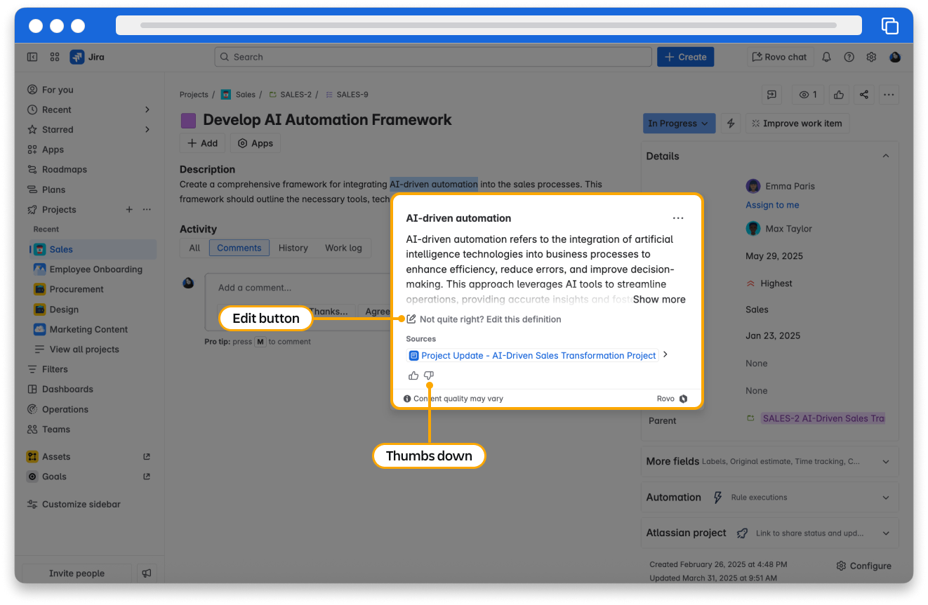 Screenshot of a user editing a Rovo definition card