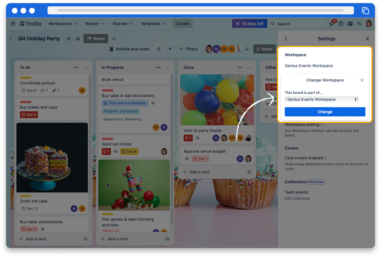 The board view. The settings menu is visible. Under Workspace is the Change Workspace menu. 