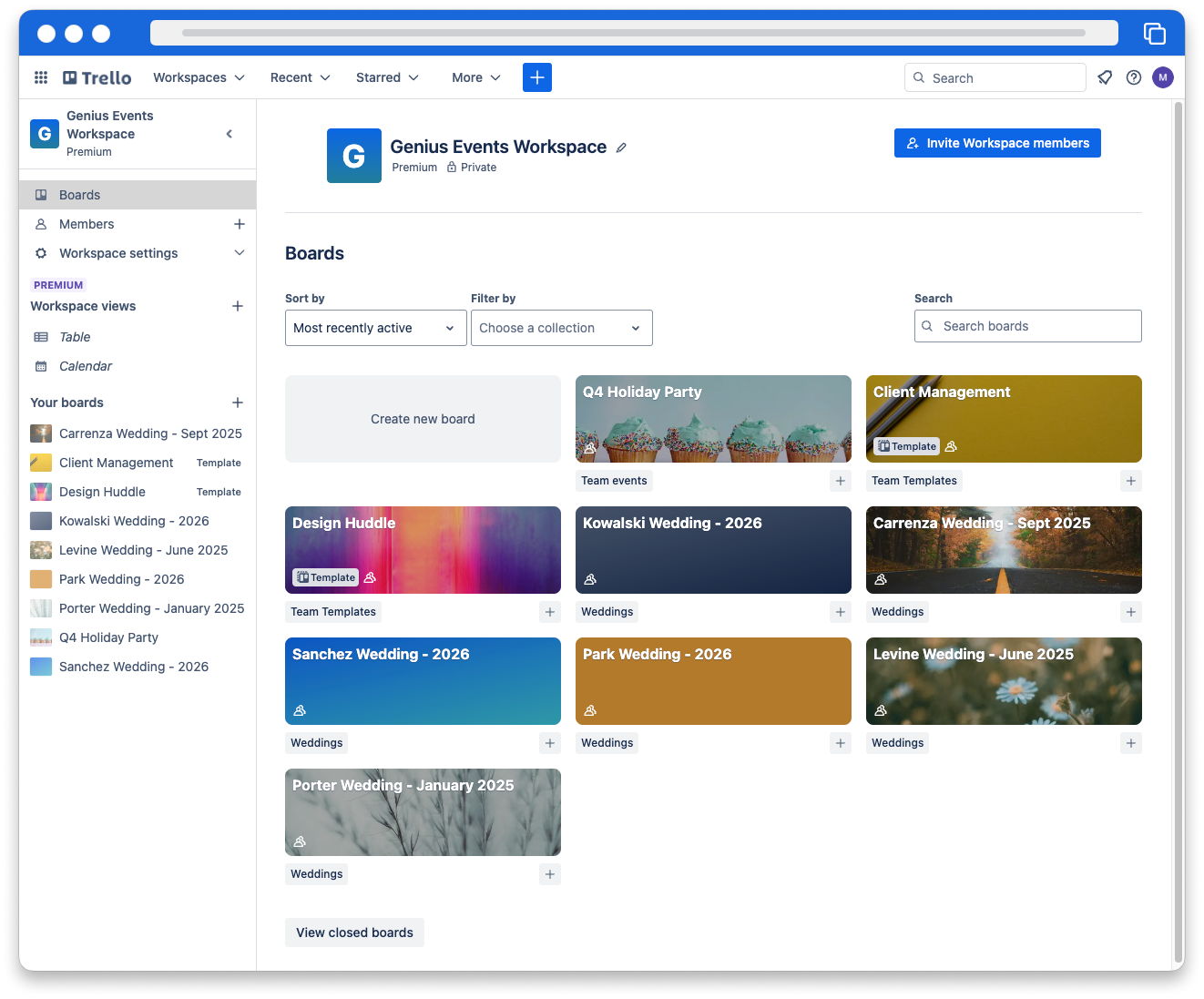 A screenshot of the homepage for a Trello workspace titled Genius Events Workspace. The workspace contains different boards for weddings clients and dates.