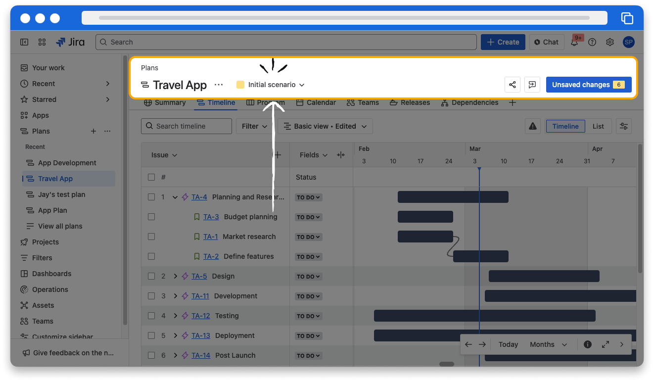 A Jira screenshot with an arrow pointing to the name of the current scenario.