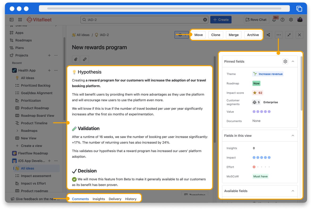 An expanded view of an idea named 'New rewards program' with the description, tabs, fields panel, and action buttons highlighted.