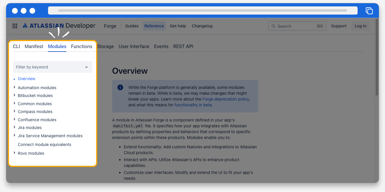 A screenshot of the Forge module documentation.