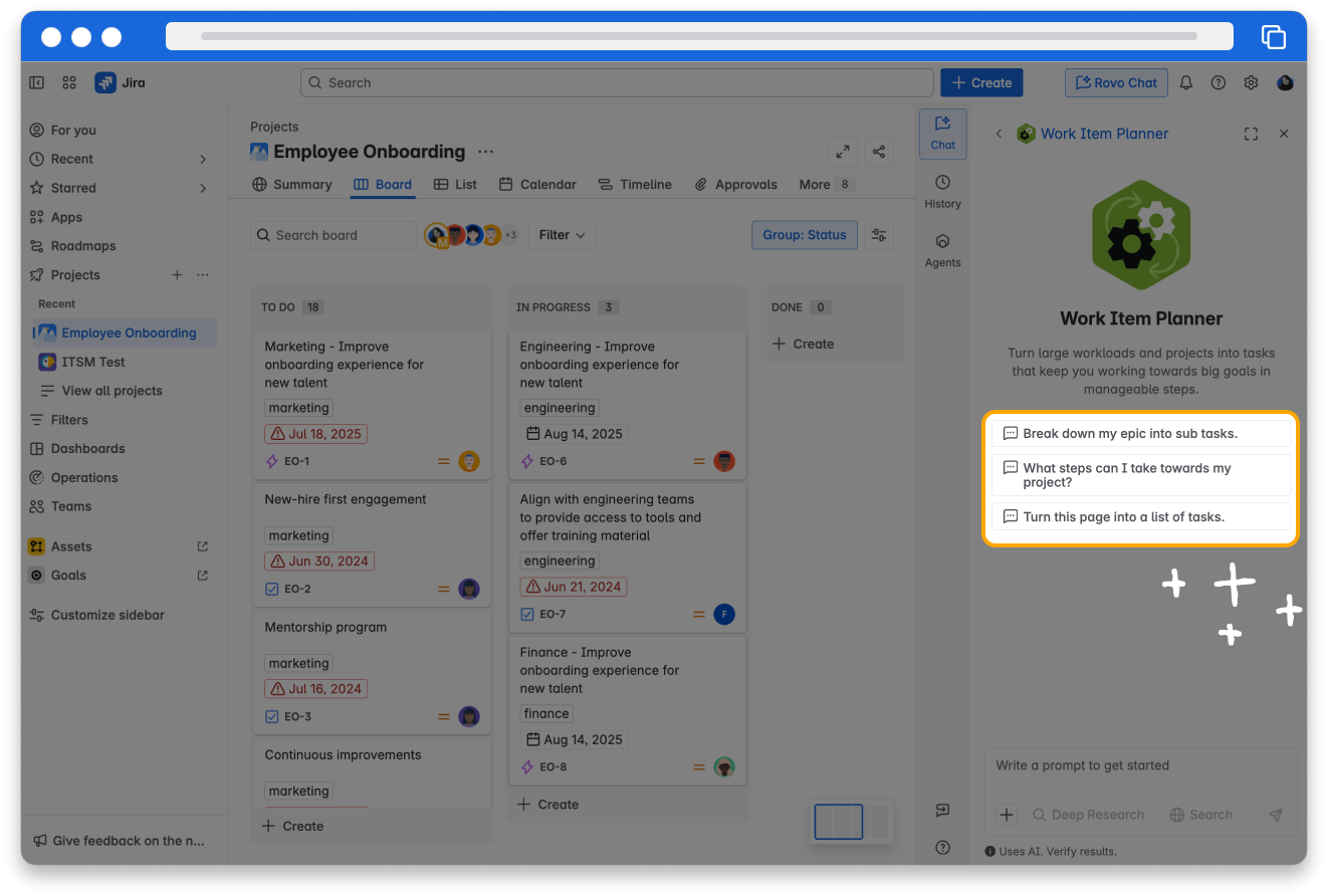 Screenshot of a Rovo Agent window showing conversation starters for the Jira Release Notes agent, including "Create release notes for my project"