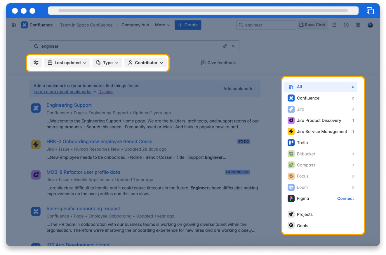 Rovo search results include options to filter by product, contributor, and more.