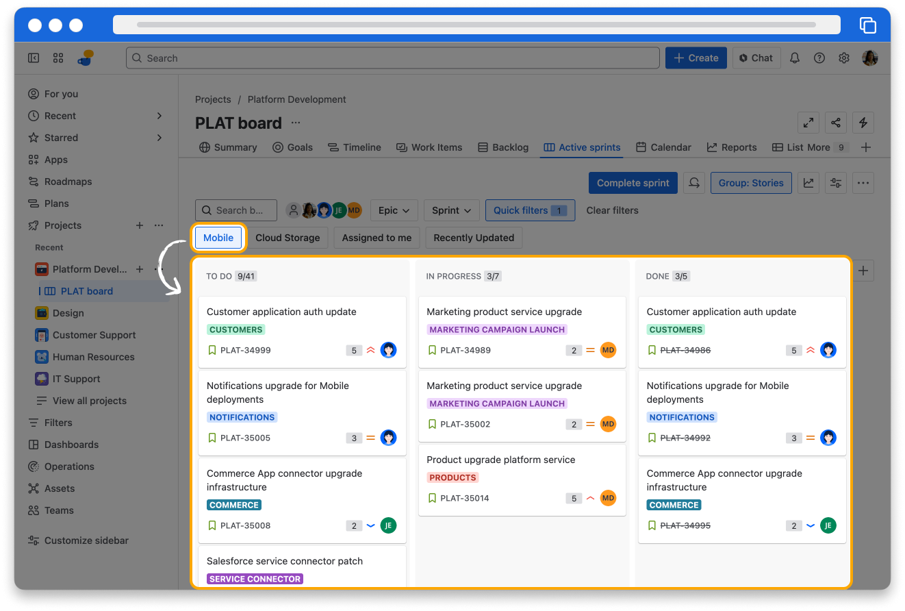 Jira interface, showing the issues filtered by the "internal" filter