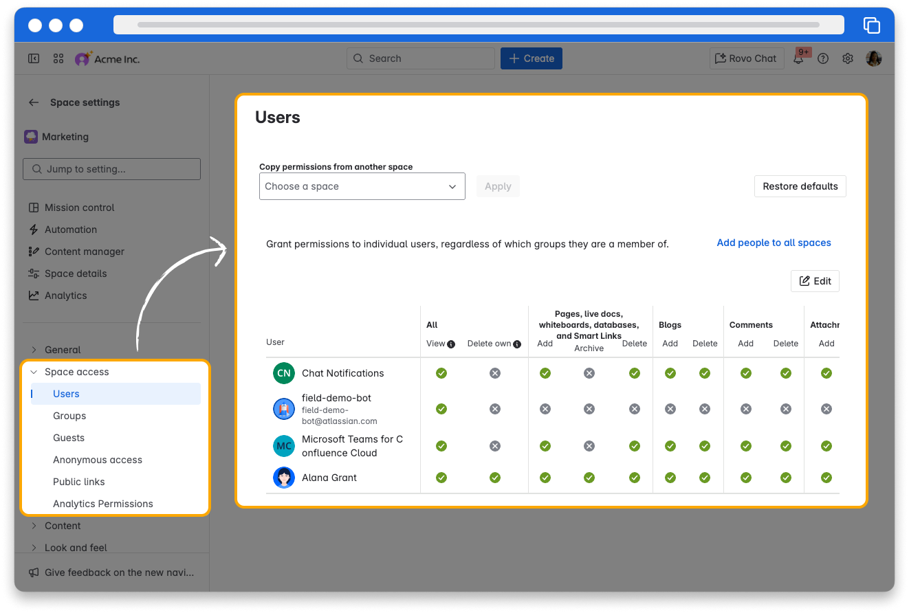 a screenshot of the space permissions page in Confluence